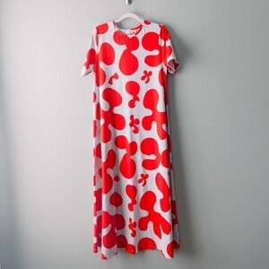 Marimekko - Bold Print - Long T Shirt Dress - Red & Light Blue - Size Large